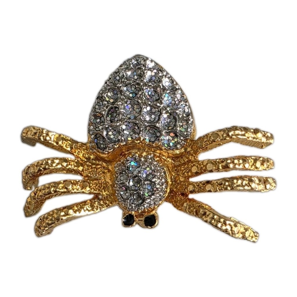 Vintage Gold Tone Rhinestone Spider Brooch Pin Crystal Pave Halloween Insect